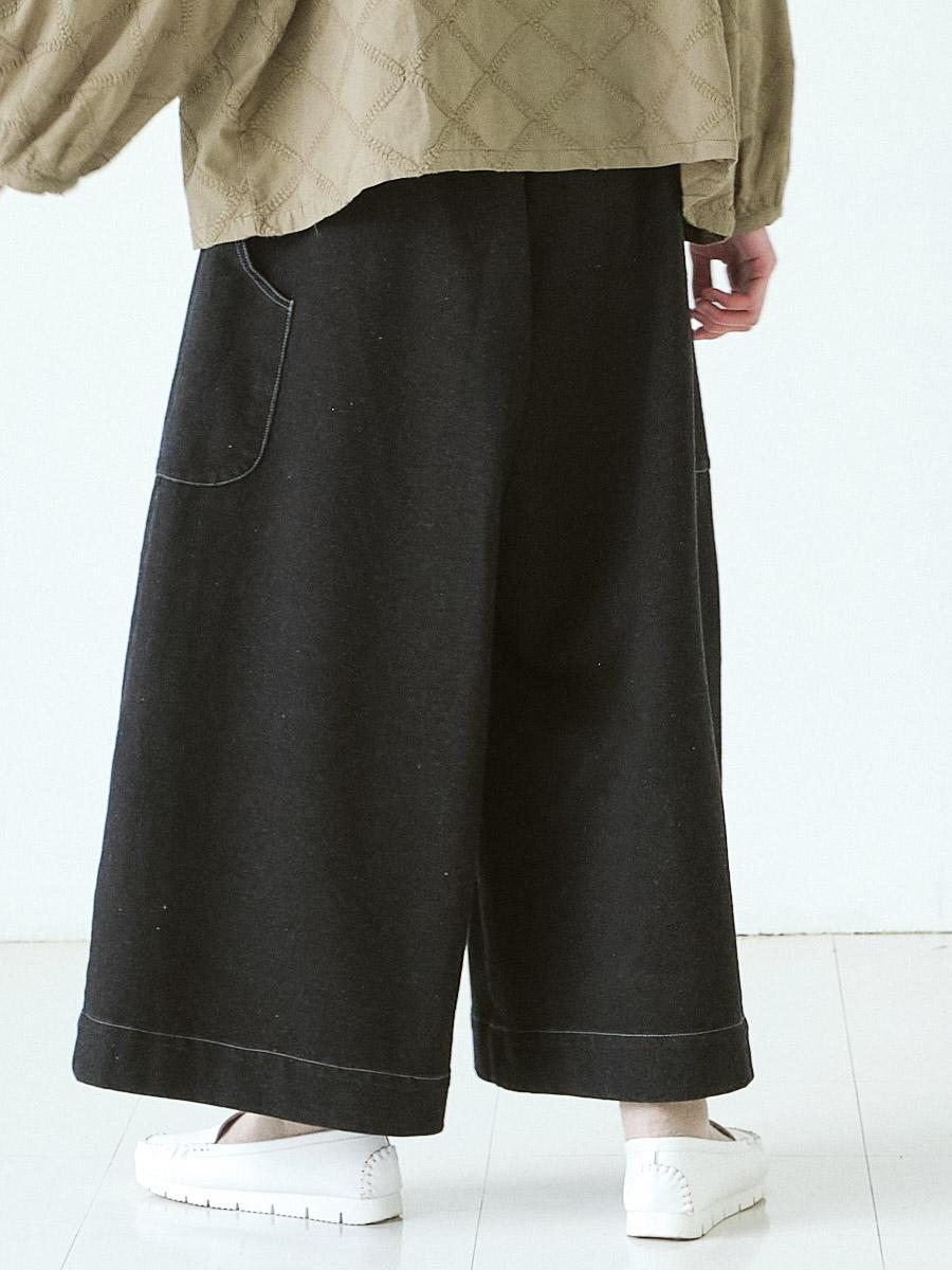 ワイドパンツ　C/Pu裏毛ニットデニム