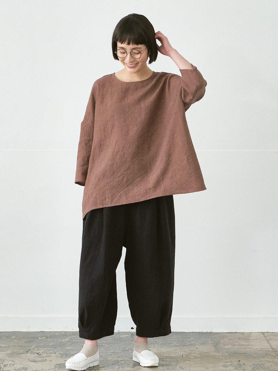 ワイドプルオーバーブラウス　リネンムラ染