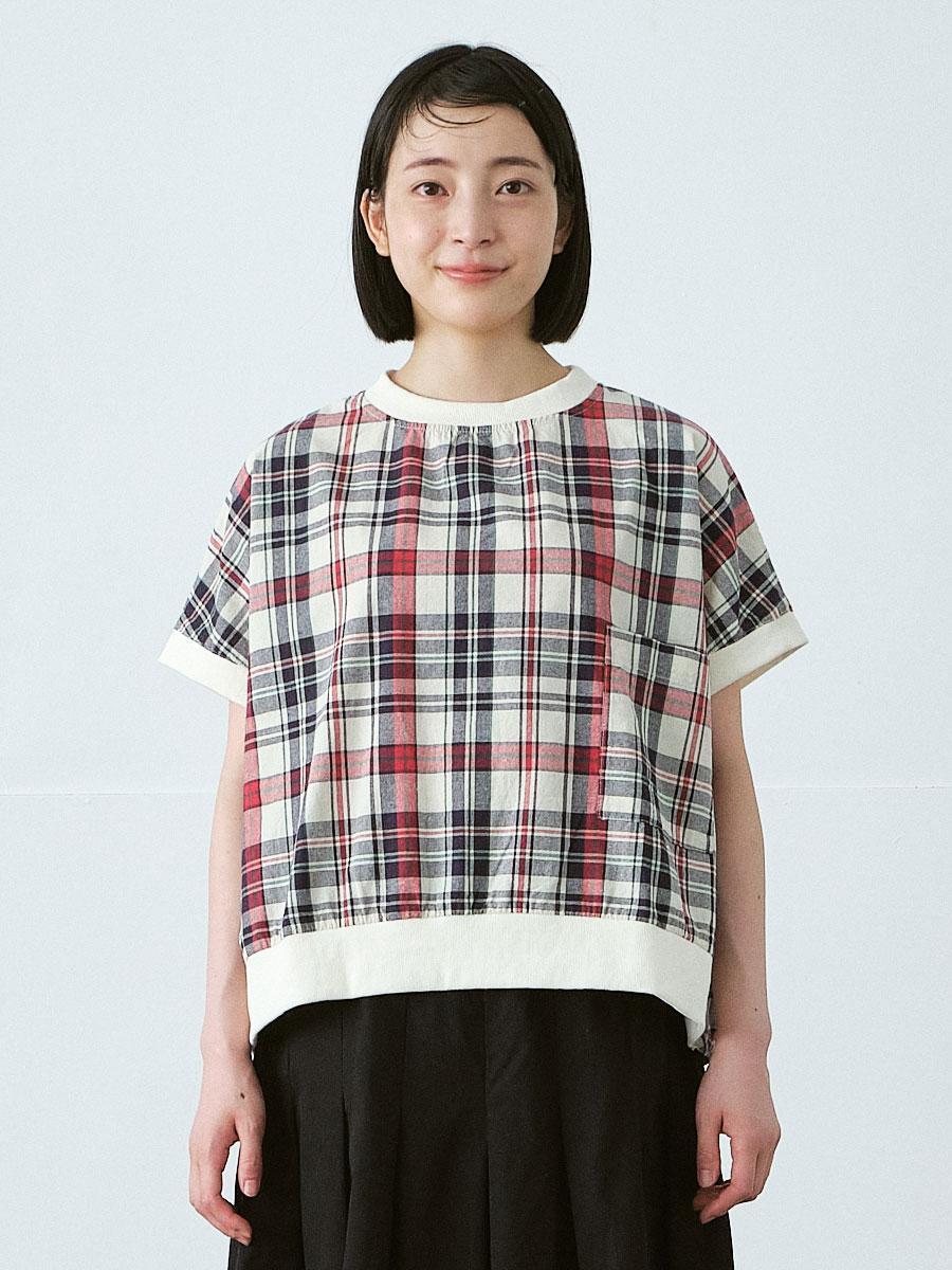 胸ポケットプルオーバーブラウス　綿オックスチェック