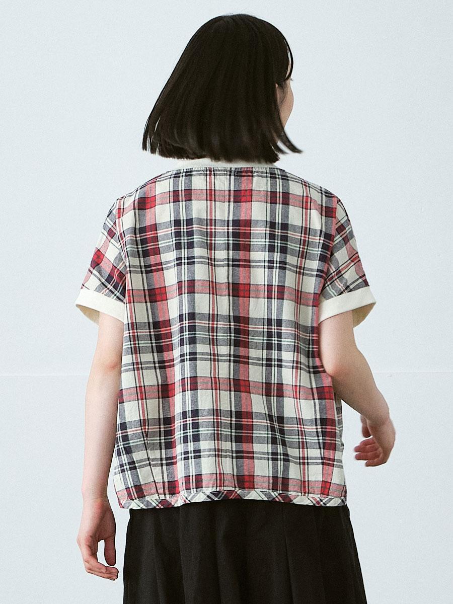 胸ポケットプルオーバーブラウス　綿オックスチェック