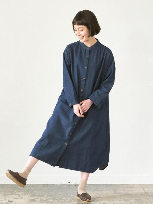 バンドカラーシャツワンピース　ワンウォッシュデニム