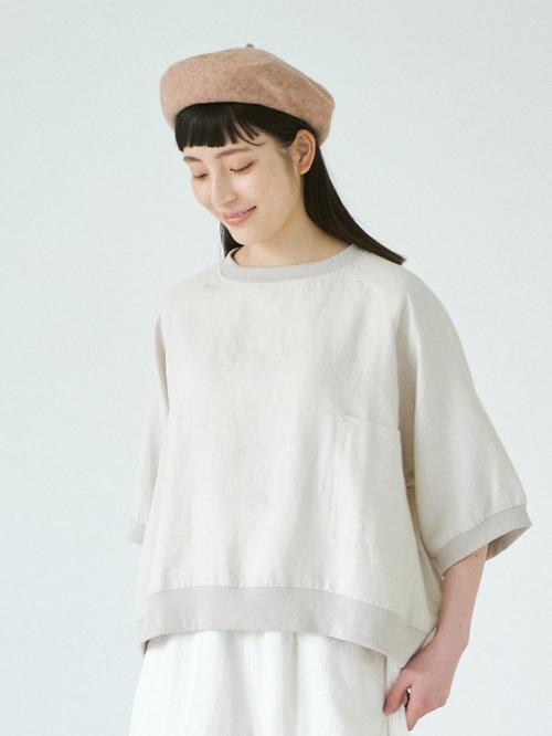 リブプルオーバーブラウス　綿麻ポプリン
