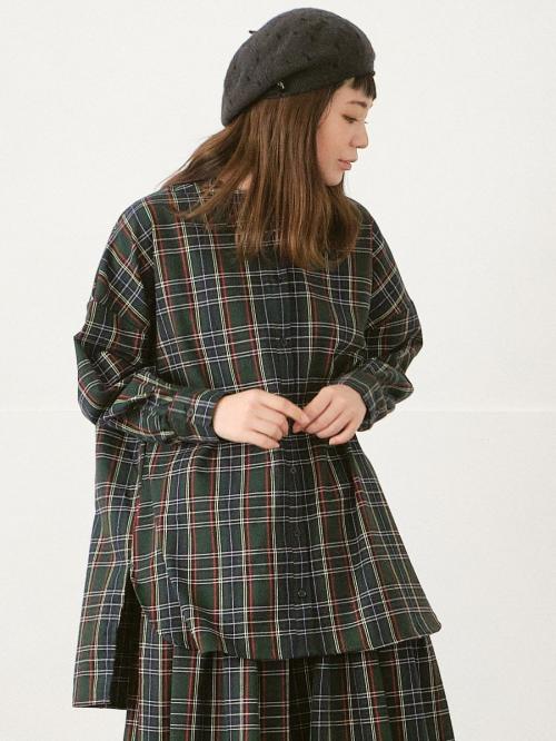 ドロップショルダーブラウス　綿タータンチェック