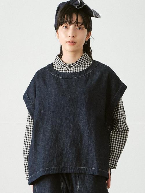 サイドボタンワイドベスト　綿麻デニム