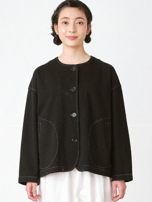 ノーカラージャケット　綿裏毛デニム