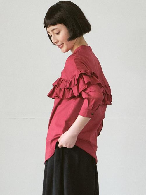 フリルハンパ袖ブラウス　綿60ローン