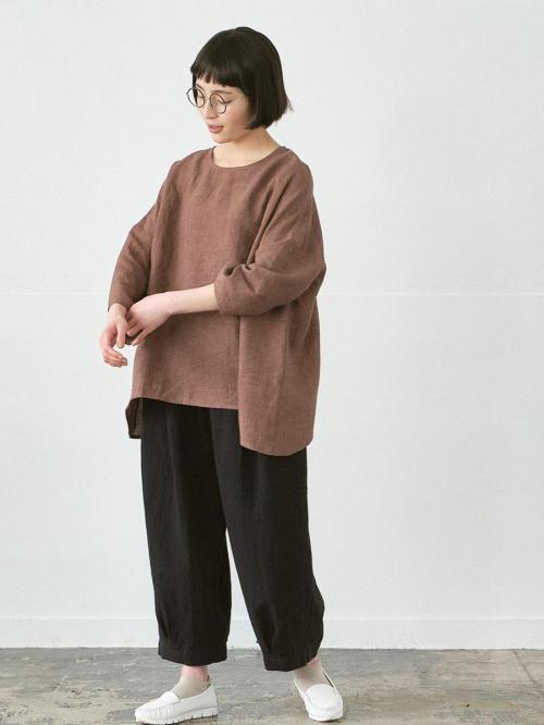 ワイドプルオーバーブラウス　リネンムラ染