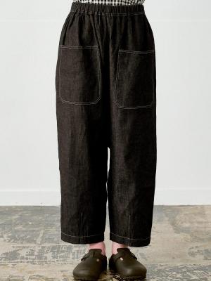 ビッグポケットワイドパンツ　綿麻デニム