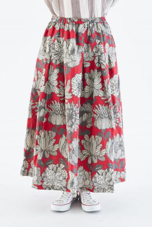 フレアスカート　綿麻大花プリント