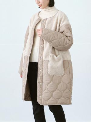 キルト×ボア切り替えノーカラーコート