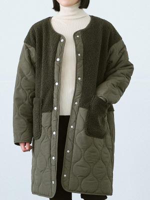 キルト×ボア切り替えノーカラーコート