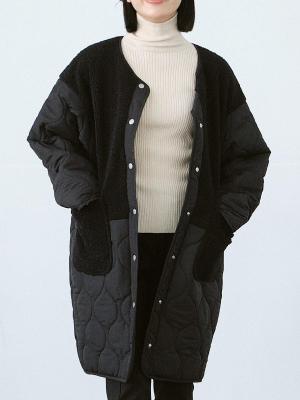 キルト×ボア切り替えノーカラーコート