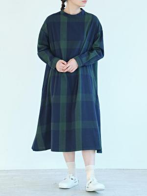 バンドカラーワンピース　綿ビエラチェック
