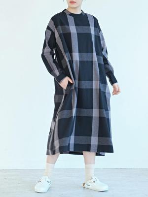 バンドカラーワンピース　綿ビエラチェック