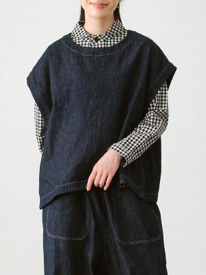 サイドボタンワイドベスト　綿麻デニム