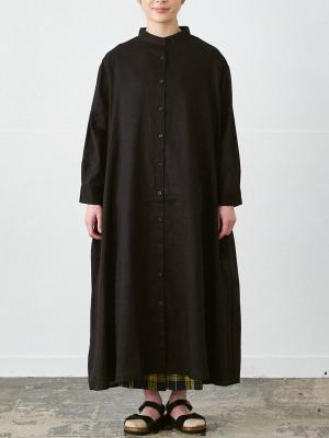 バンドカラーワンピース　綿麻スラブローン