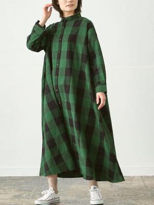 シャツワンピース　綿ビエラブロックチェック