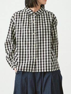 ギャザーブラウス　綿ビエラブロックチェック