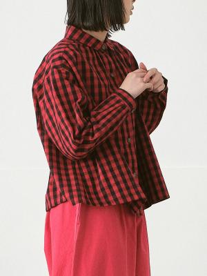 ギャザーブラウス　綿ビエラブロックチェック