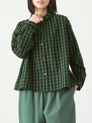 ギャザーブラウス　綿ビエラブロックチェック