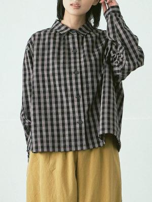 ギャザーブラウス　綿ビエラブロックチェック