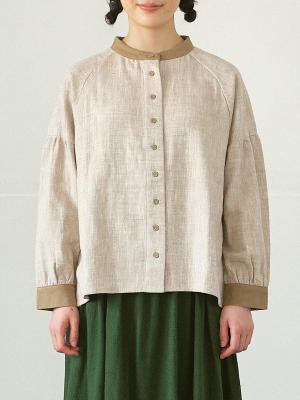 バンドカラーブラウス　綿麻ヘリンボン