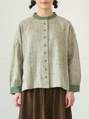 バンドカラーブラウス　綿麻ヘリンボン