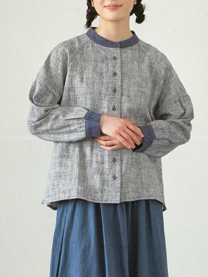 バンドカラーブラウス　綿麻ヘリンボン
