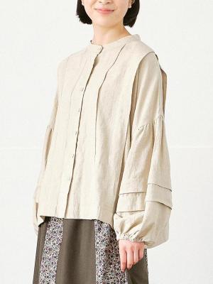 ２WAY タックデザインバルーン袖ブラウス　麻レーヨン