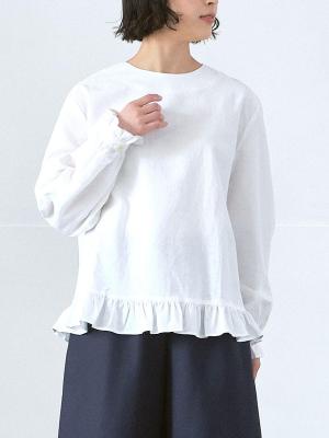 ノーカラーフリルブラウス 綿麻オックス